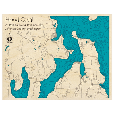 Bathymetric topo map of Hood Canal at Port Ludlow and Port Gamble with roads, towns and depths noted in blue water