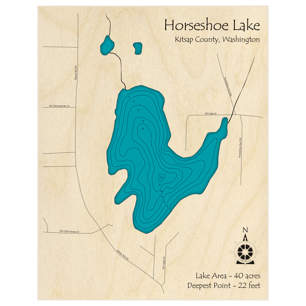 Bathymetric topo map of Horseshoe Lake with roads, towns and depths noted in blue water