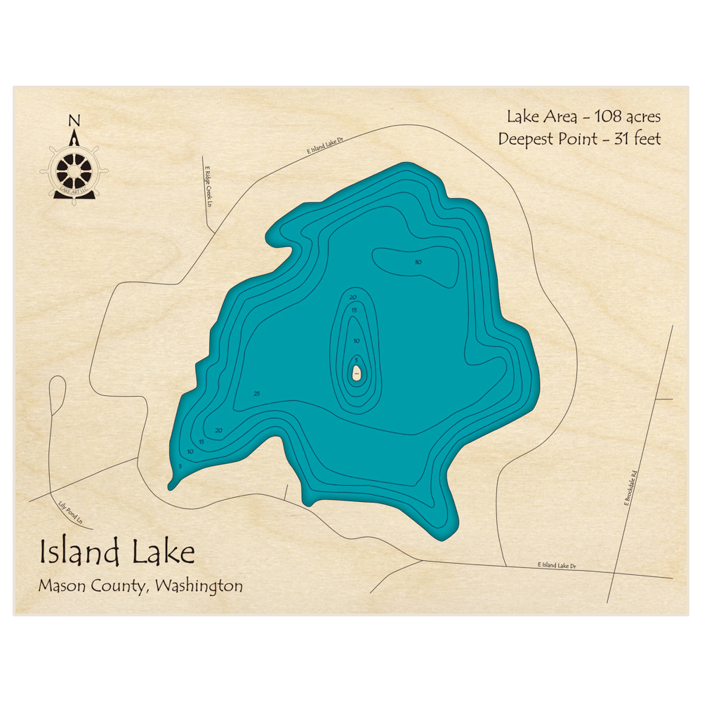 Bathymetric topo map of Island Lake with roads, towns and depths noted in blue water