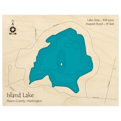 Bathymetric topo map of Island Lake with roads, towns and depths noted in blue water