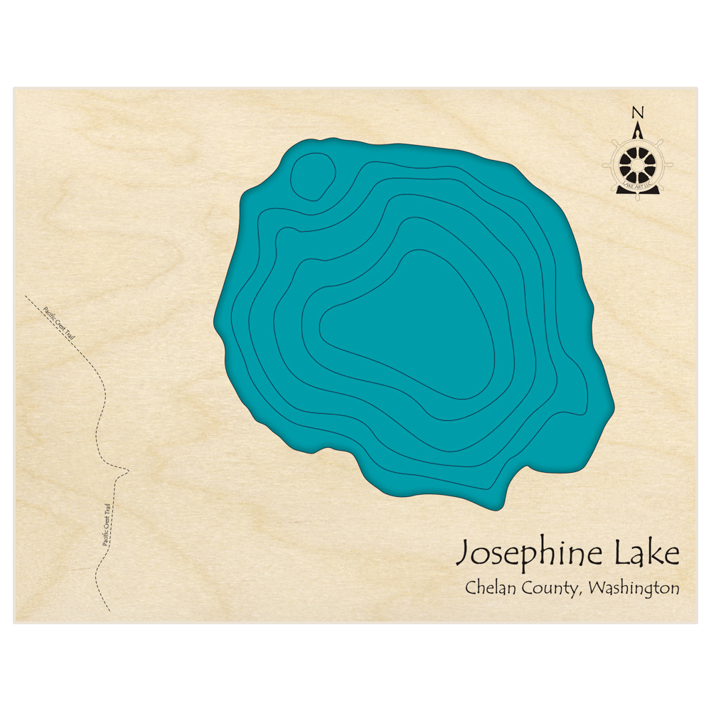 Bathymetric topo map of Josephine Lake  with roads, towns and depths noted in blue water