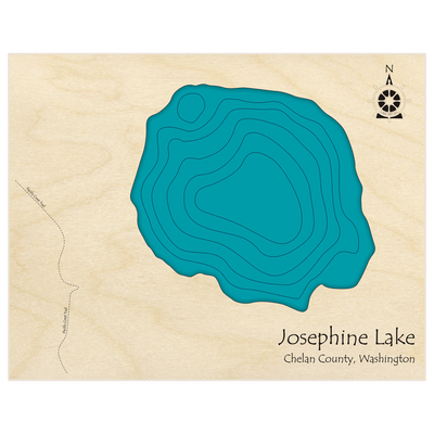 Bathymetric topo map of Josephine Lake  with roads, towns and depths noted in blue water