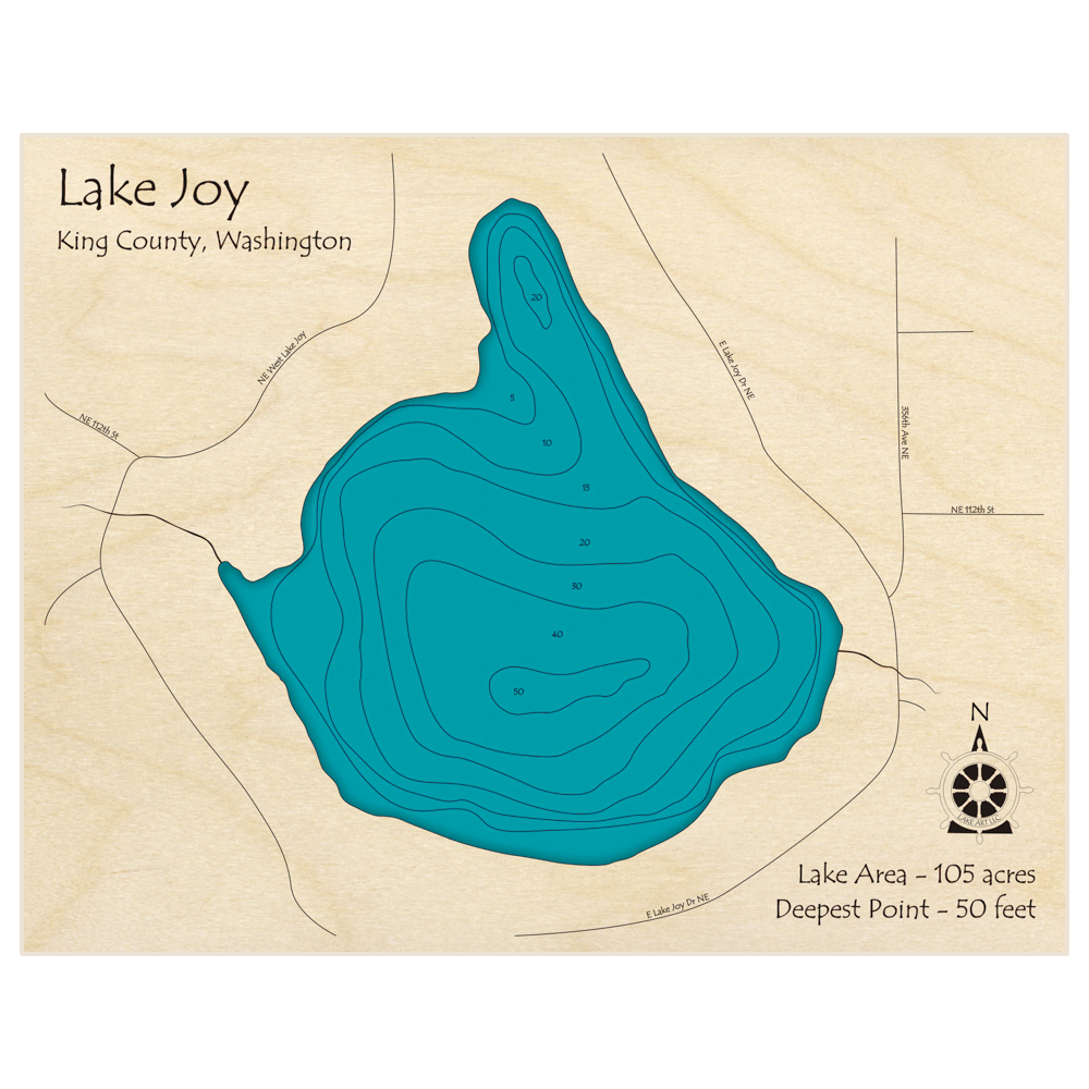 Bathymetric topo map of Lake Joy with roads, towns and depths noted in blue water