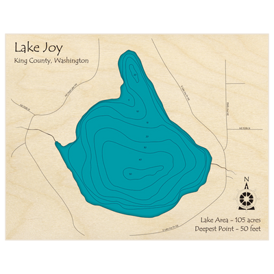 Bathymetric topo map of Lake Joy with roads, towns and depths noted in blue water