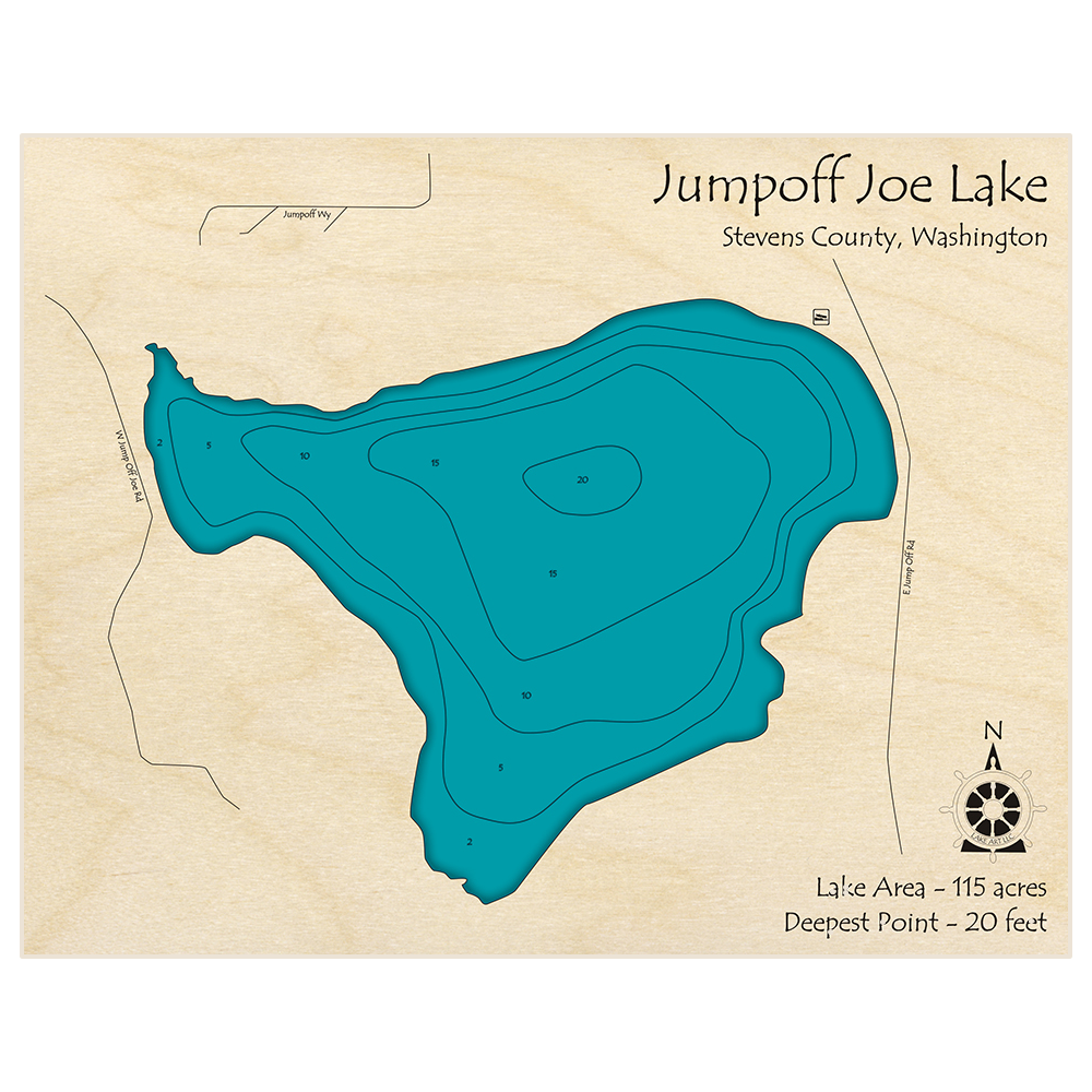 Bathymetric topo map of Jumpoff Joe Lake with roads, towns and depths noted in blue water