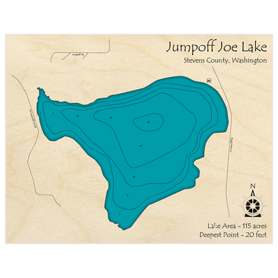 Bathymetric topo map of Jumpoff Joe Lake with roads, towns and depths noted in blue water