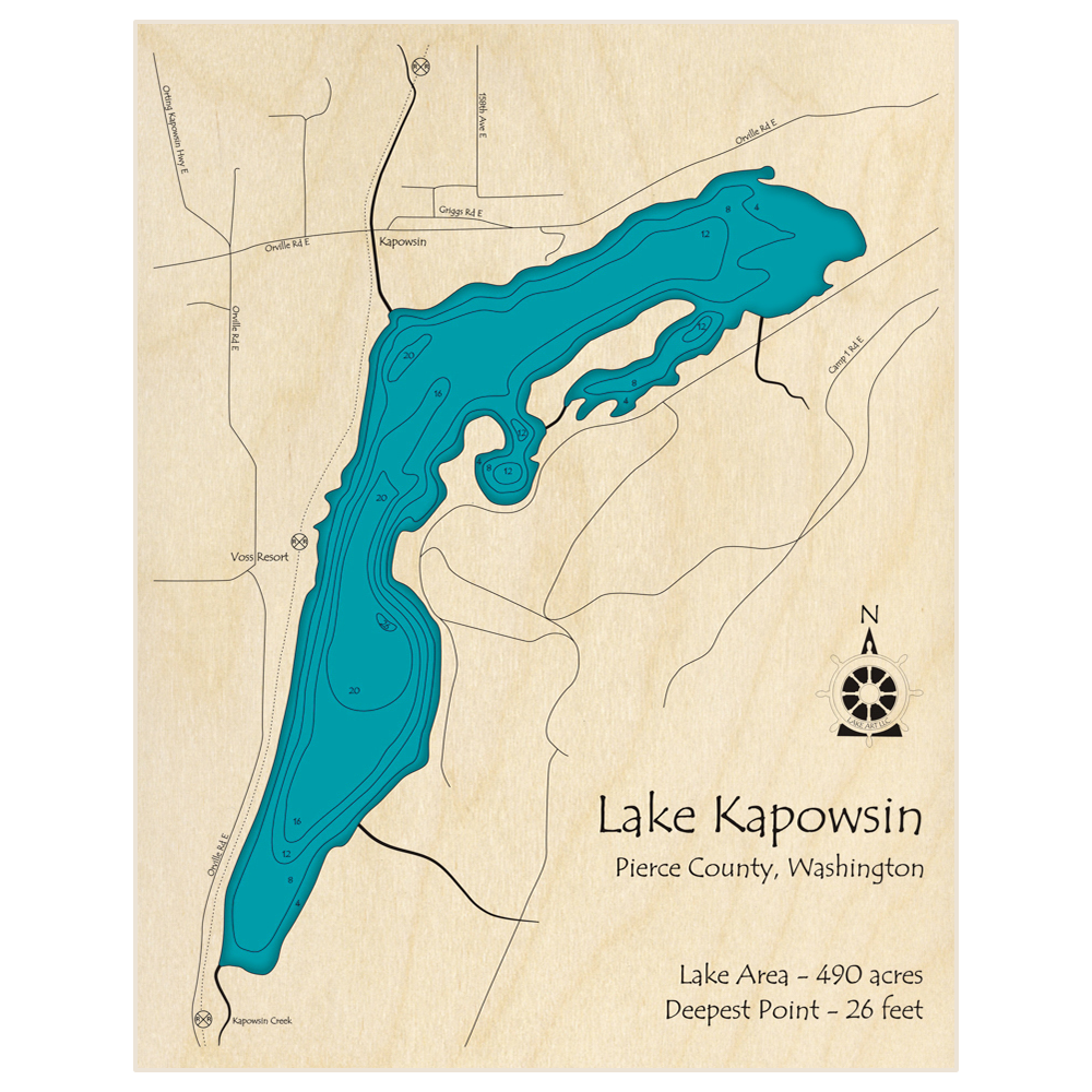 Bathymetric topo map of Lake Kapowsin with roads, towns and depths noted in blue water