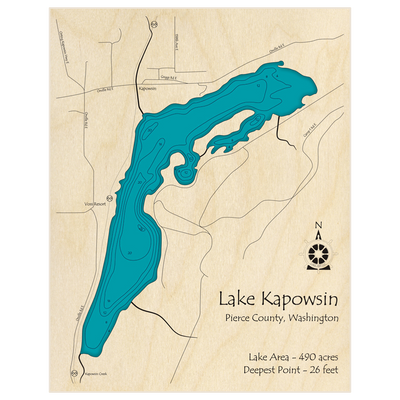 Bathymetric topo map of Lake Kapowsin with roads, towns and depths noted in blue water