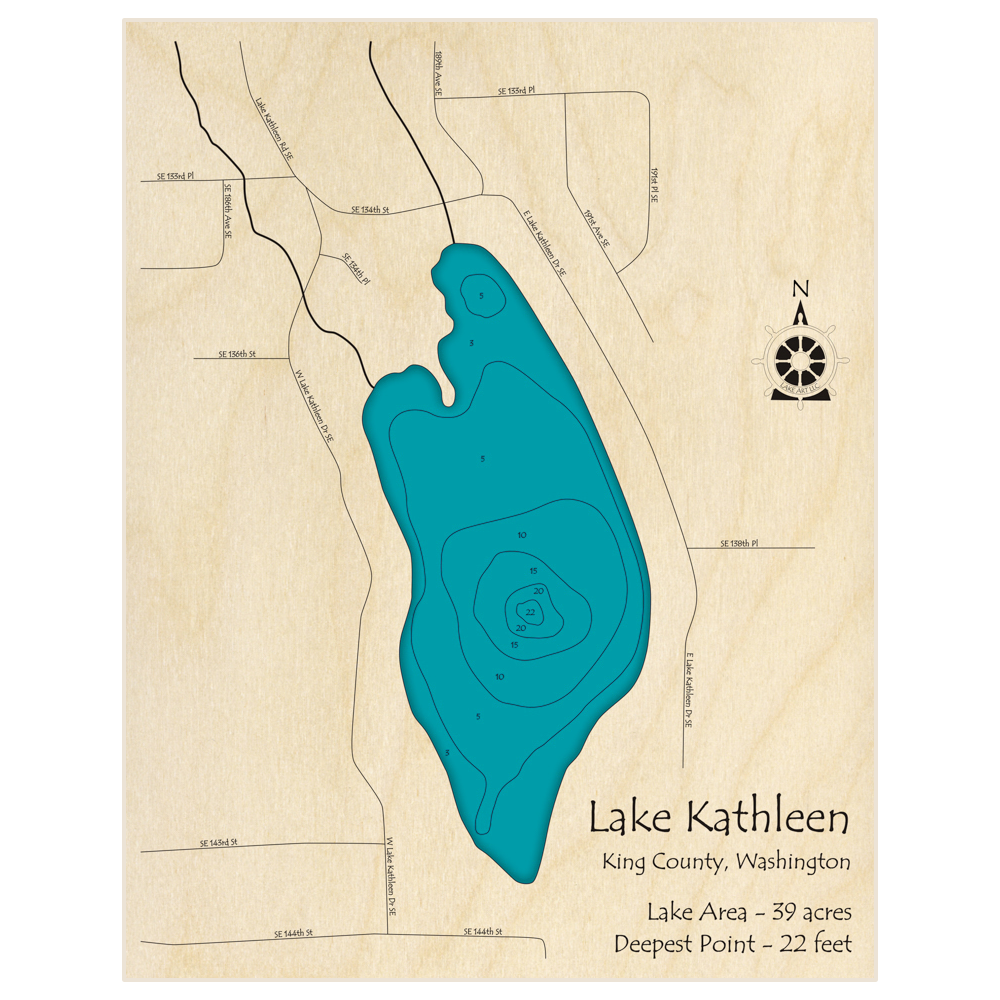 Bathymetric topo map of Lake Kathleen with roads, towns and depths noted in blue water