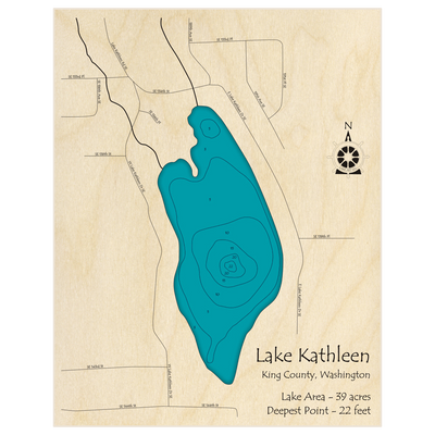 Bathymetric topo map of Lake Kathleen with roads, towns and depths noted in blue water