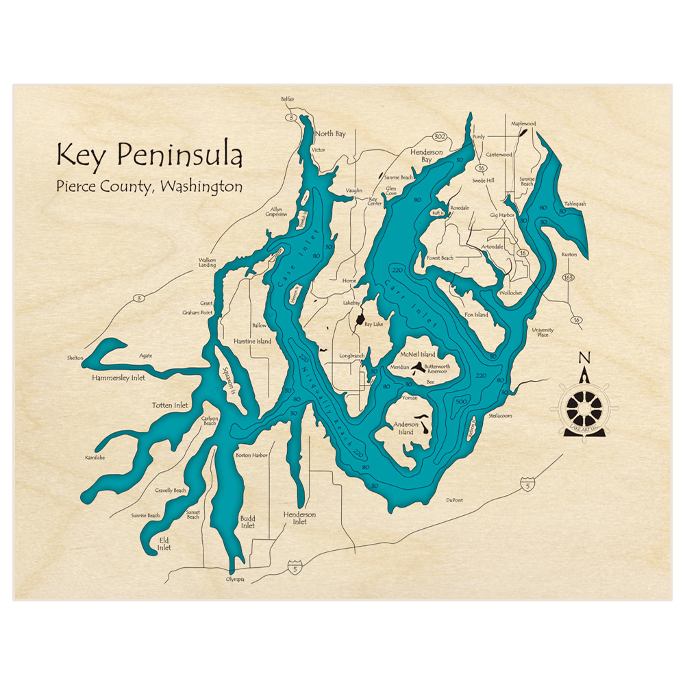 Bathymetric topo map of Key Peninsula with roads, towns and depths noted in blue water