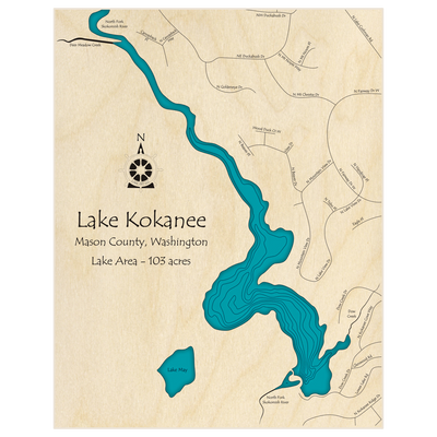 Bathymetric topo map of Lake Kokanee  with roads, towns and depths noted in blue water