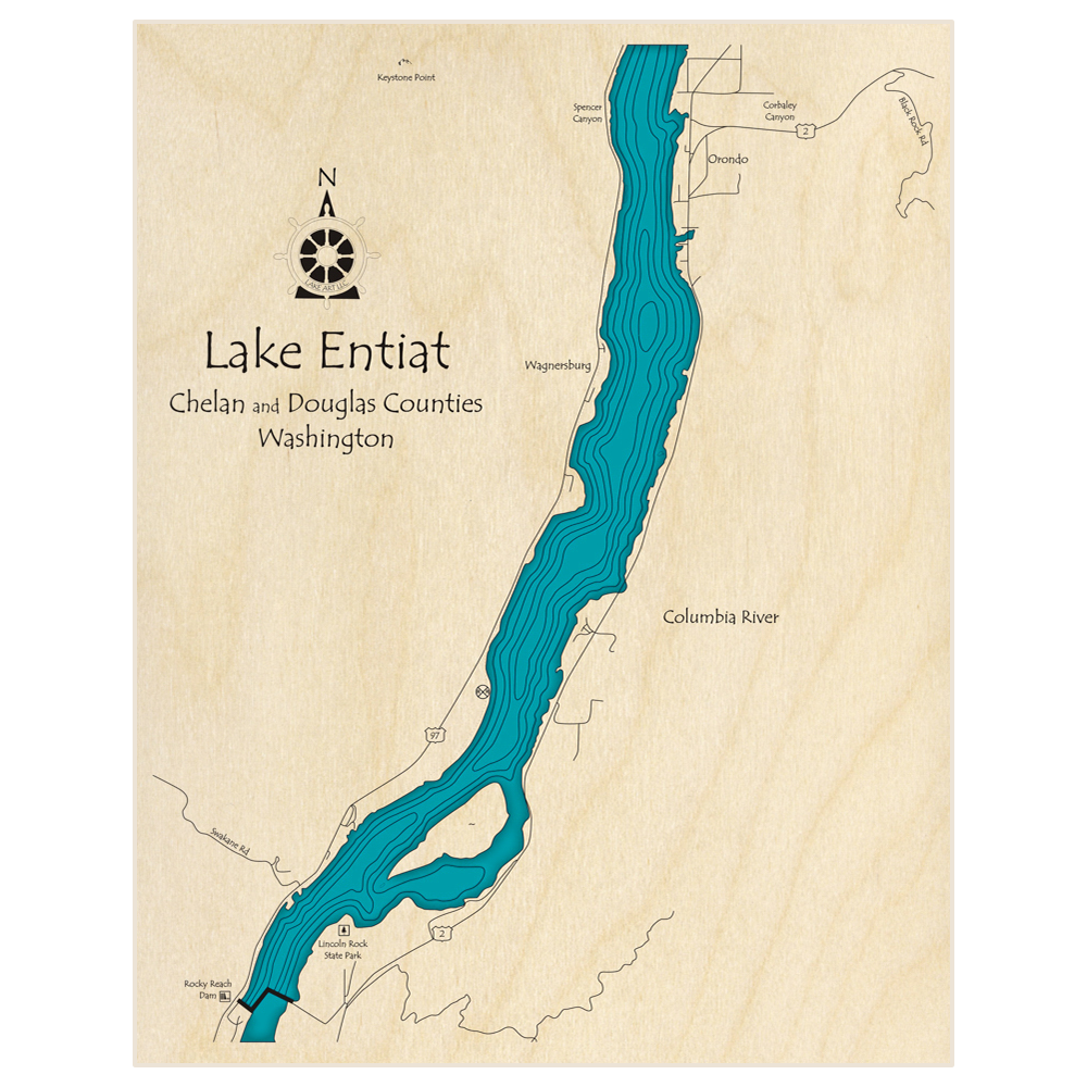 Bathymetric topo map of Lake Entiat (between Orondo and dam)  with roads, towns and depths noted in blue water