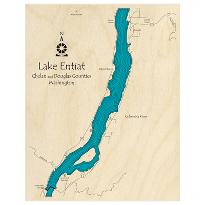 Bathymetric topo map of Lake Entiat (between Orondo and dam)  with roads, towns and depths noted in blue water