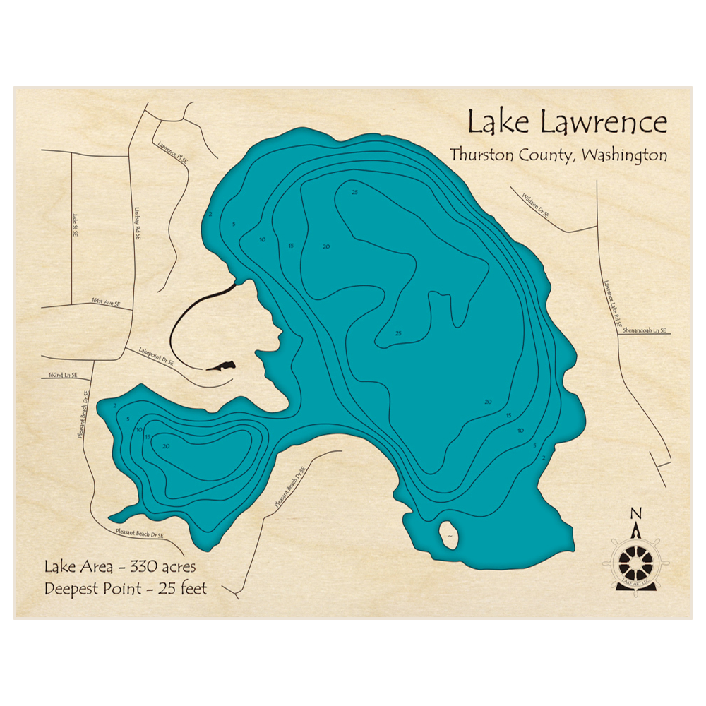 Bathymetric topo map of Lake Lawrence with roads, towns and depths noted in blue water