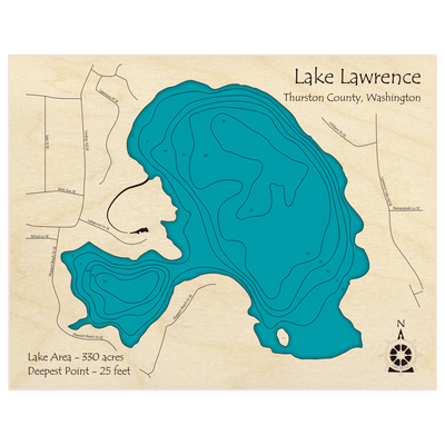 Bathymetric topo map of Lake Lawrence with roads, towns and depths noted in blue water