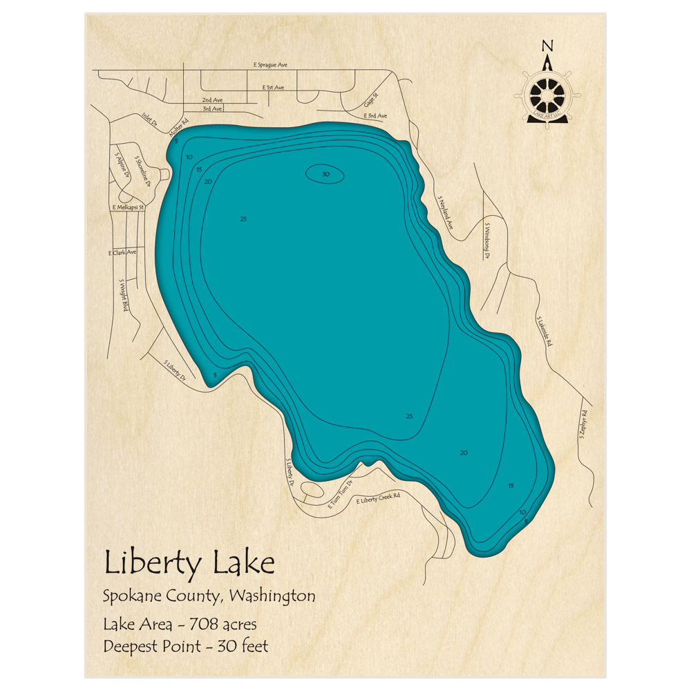 Bathymetric topo map of Liberty Lake with roads, towns and depths noted in blue water