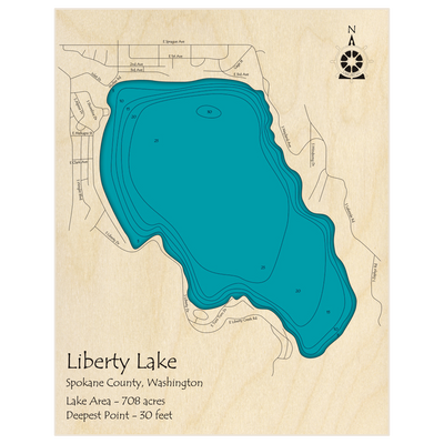 Bathymetric topo map of Liberty Lake with roads, towns and depths noted in blue water