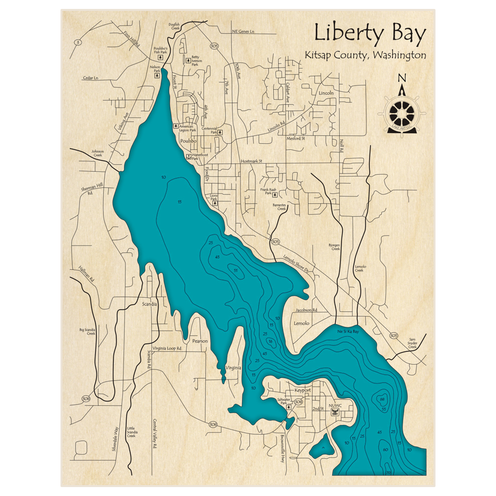 Bathymetric topo map of Liberty Bay with roads, towns and depths noted in blue water