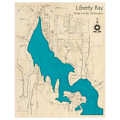 Bathymetric topo map of Liberty Bay with roads, towns and depths noted in blue water