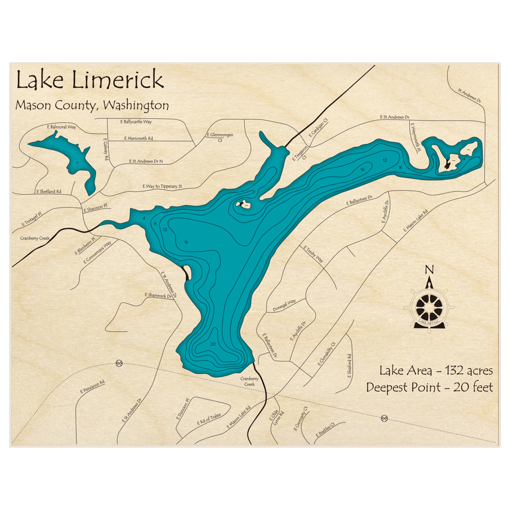 Bathymetric topo map of Lake Limerick with roads, towns and depths noted in blue water