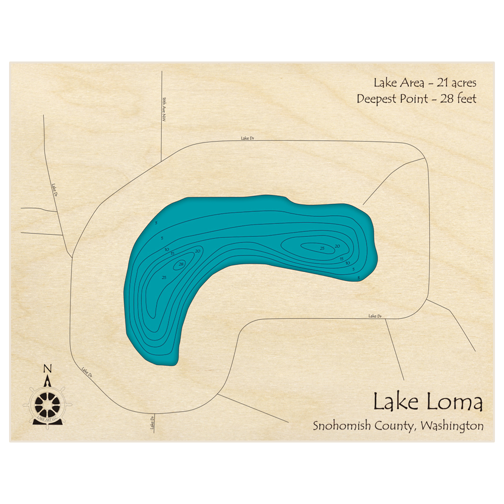 Bathymetric topo map of Loma Lake with roads, towns and depths noted in blue water