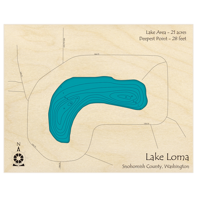Bathymetric topo map of Loma Lake with roads, towns and depths noted in blue water