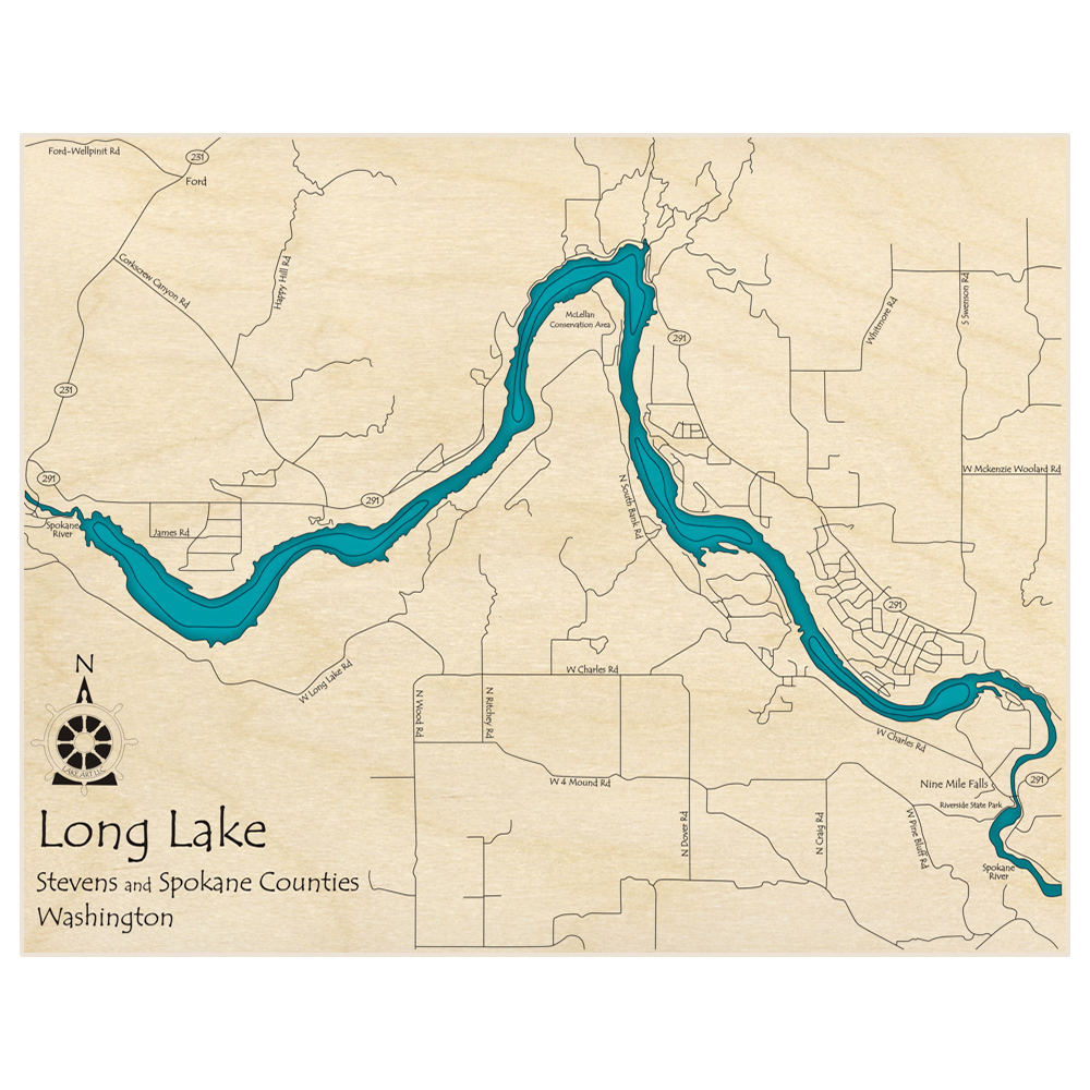 Bathymetric topo map of Long Lake  with roads, towns and depths noted in blue water