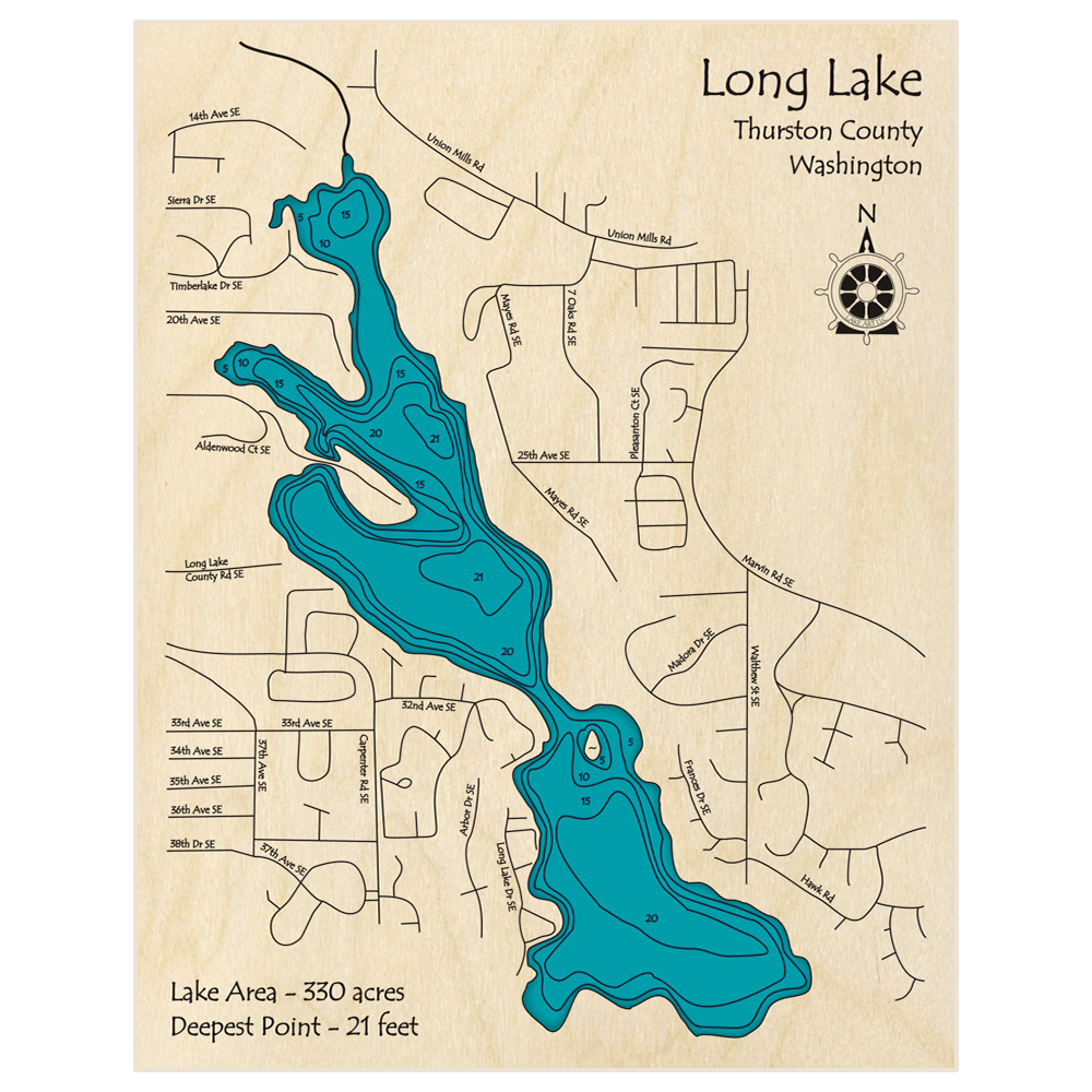 Bathymetric topo map of Long Lake with roads, towns and depths noted in blue water