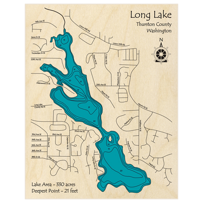 Bathymetric topo map of Long Lake with roads, towns and depths noted in blue water