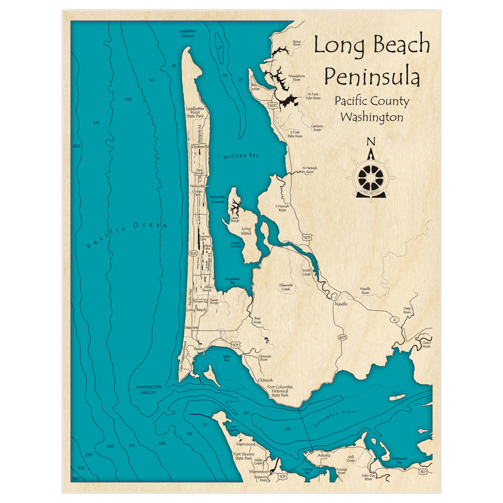Bathymetric topo map of Long Beach Peninsula with roads, towns and depths noted in blue water