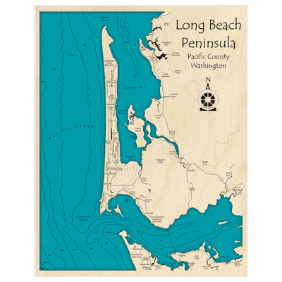 Bathymetric topo map of Long Beach Peninsula with roads, towns and depths noted in blue water