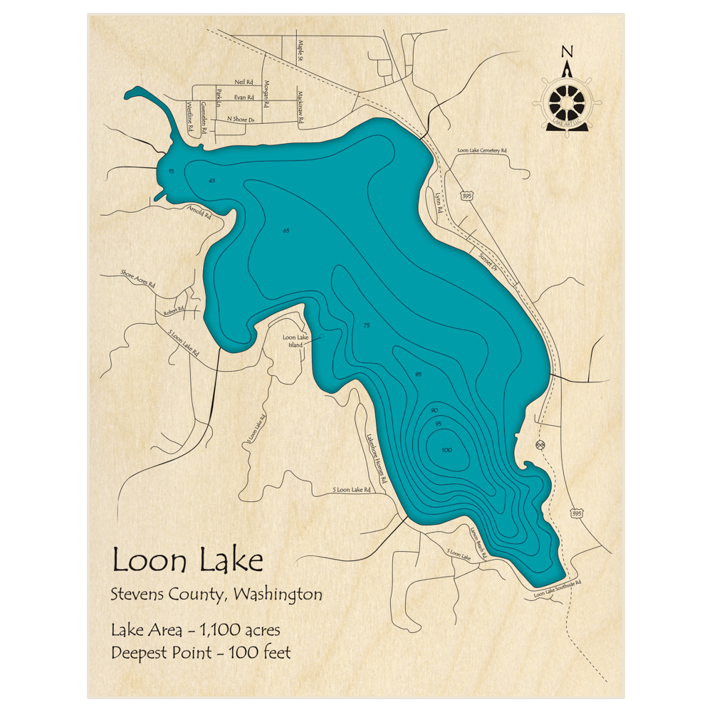 Bathymetric topo map of Loon Lake with roads, towns and depths noted in blue water