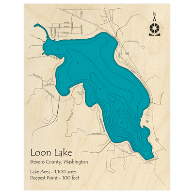 Bathymetric topo map of Loon Lake with roads, towns and depths noted in blue water