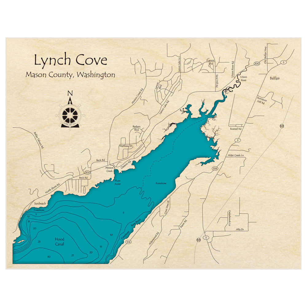 Bathymetric topo map of Lynch Cove with roads, towns and depths noted in blue water