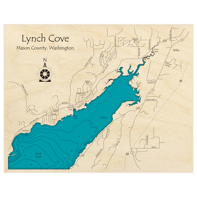 Bathymetric topo map of Lynch Cove with roads, towns and depths noted in blue water
