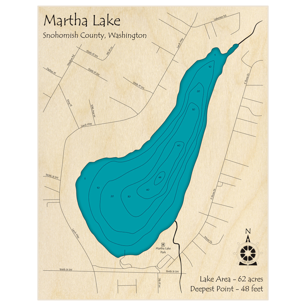 Bathymetric topo map of Martha Lake with roads, towns and depths noted in blue water