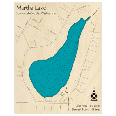 Bathymetric topo map of Martha Lake with roads, towns and depths noted in blue water
