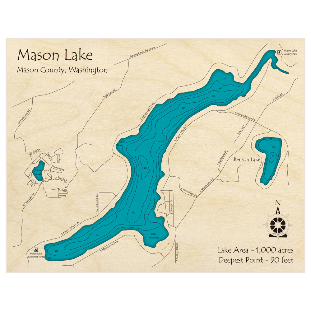 Bathymetric topo map of Mason Lake with roads, towns and depths noted in blue water