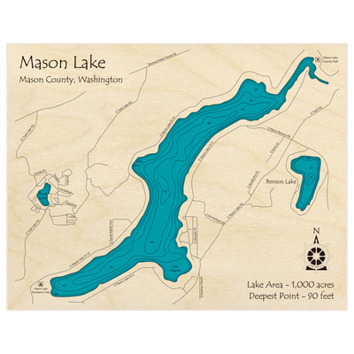 Bathymetric topo map of Mason Lake with roads, towns and depths noted in blue water