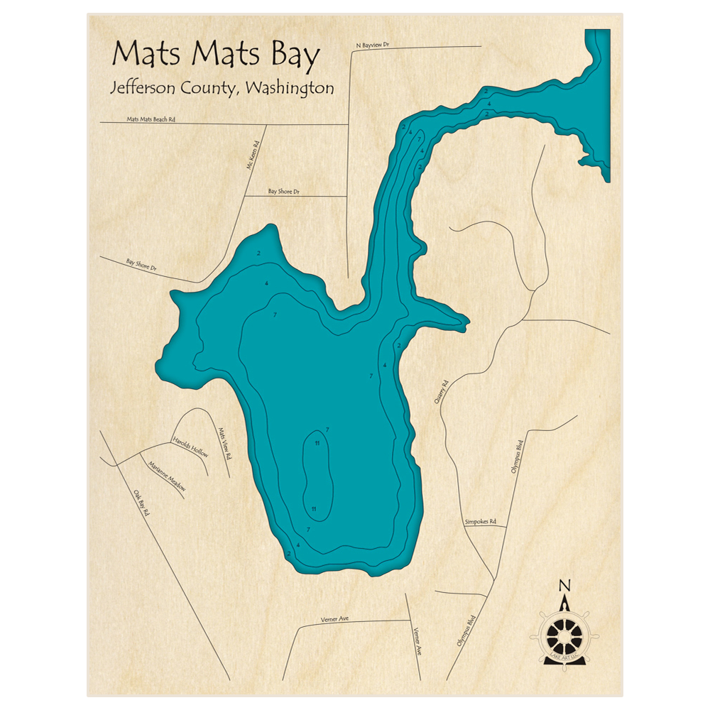 Bathymetric topo map of Mats Mats Bay with roads, towns and depths noted in blue water