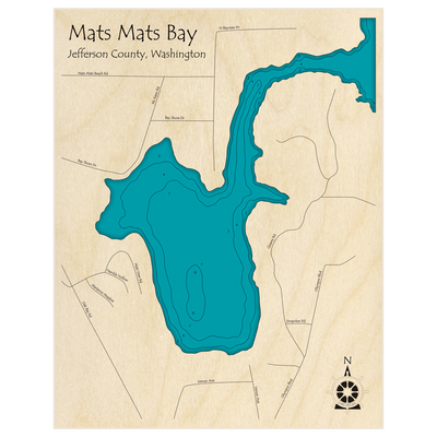 Bathymetric topo map of Mats Mats Bay with roads, towns and depths noted in blue water