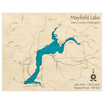 Bathymetric topo map of Mayfield Lake with roads, towns and depths noted in blue water
