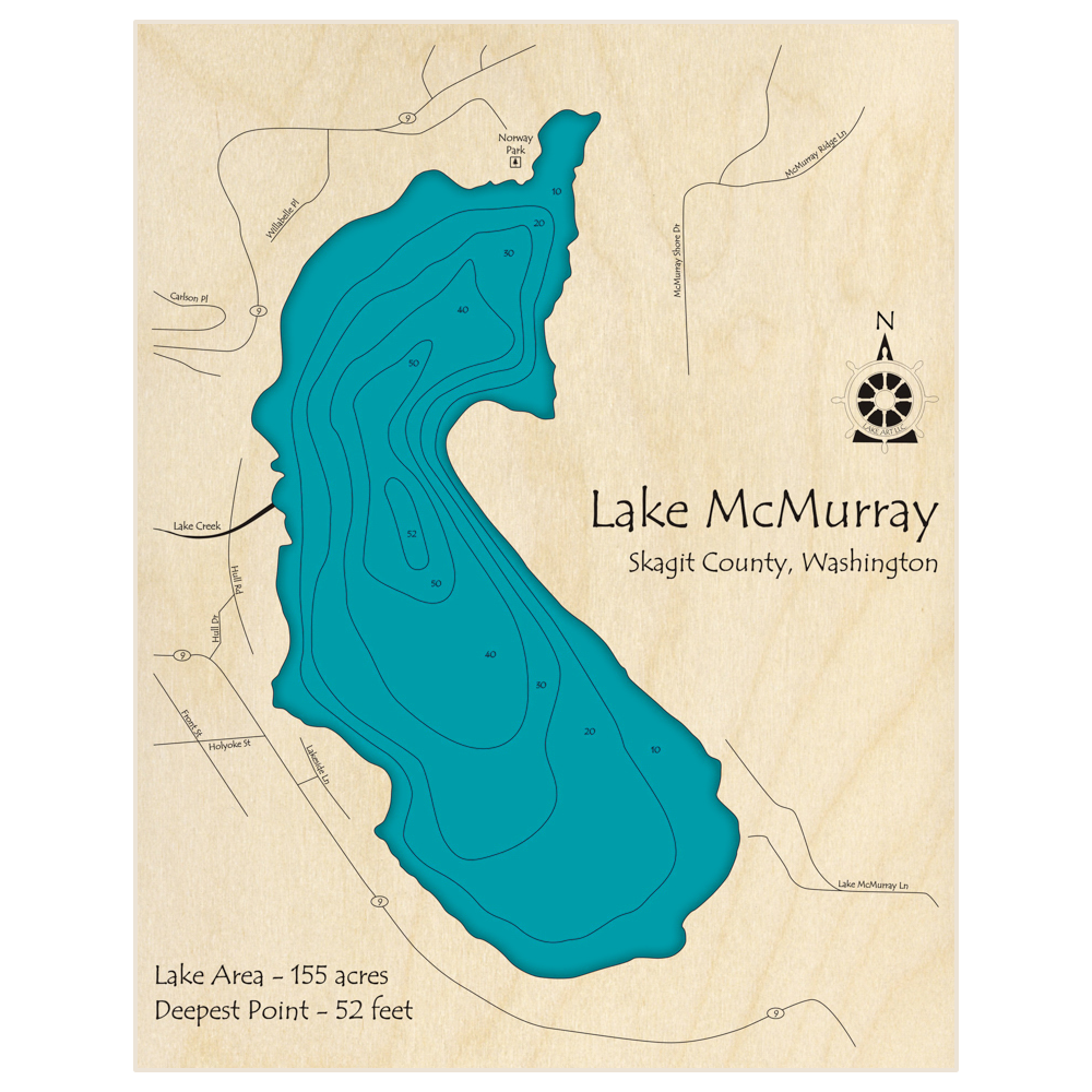 Bathymetric topo map of Lake McMurray with roads, towns and depths noted in blue water