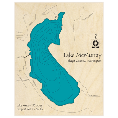 Bathymetric topo map of Lake McMurray with roads, towns and depths noted in blue water
