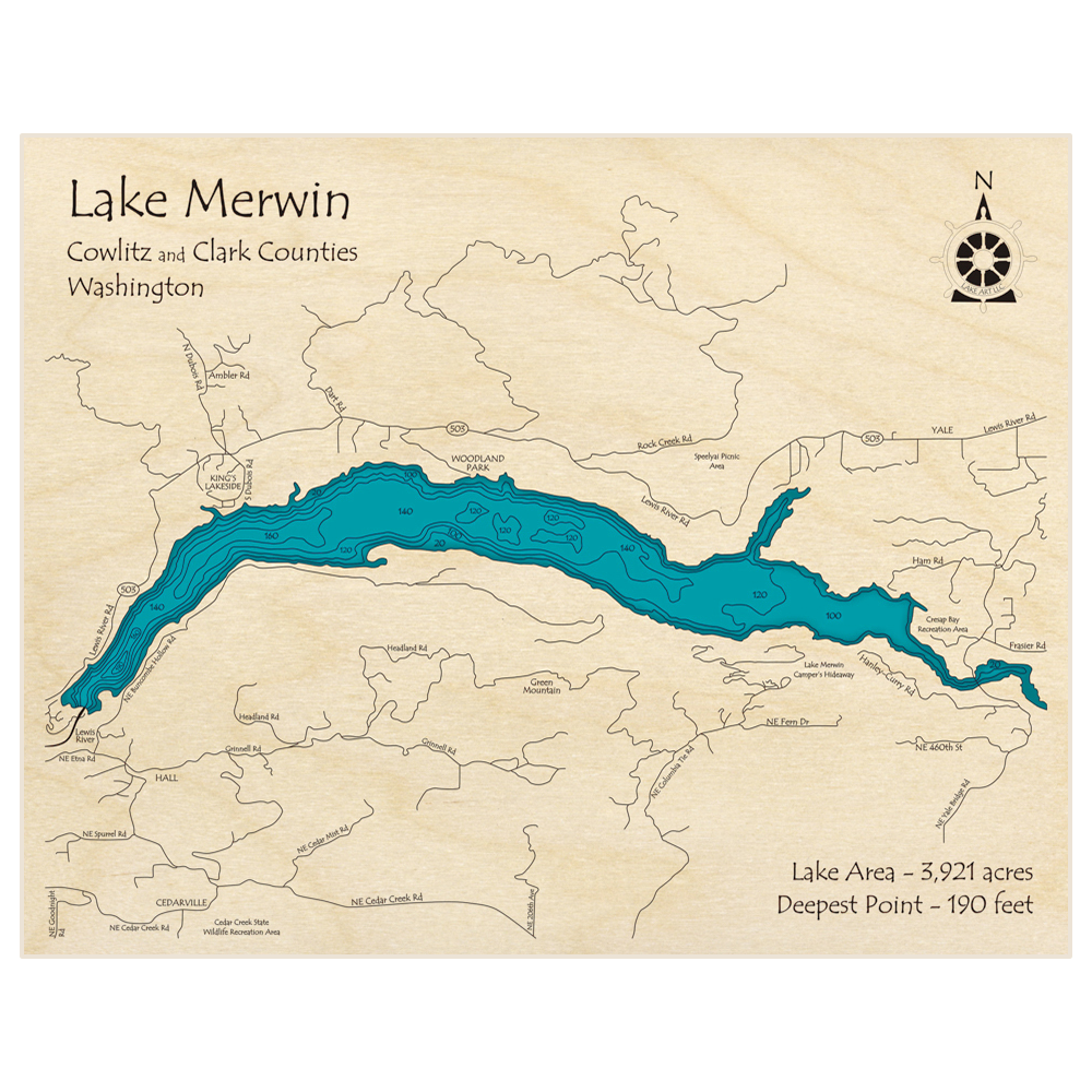 Bathymetric topo map of Lake Merwin with roads, towns and depths noted in blue water