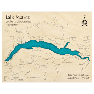 Bathymetric topo map of Lake Merwin with roads, towns and depths noted in blue water
