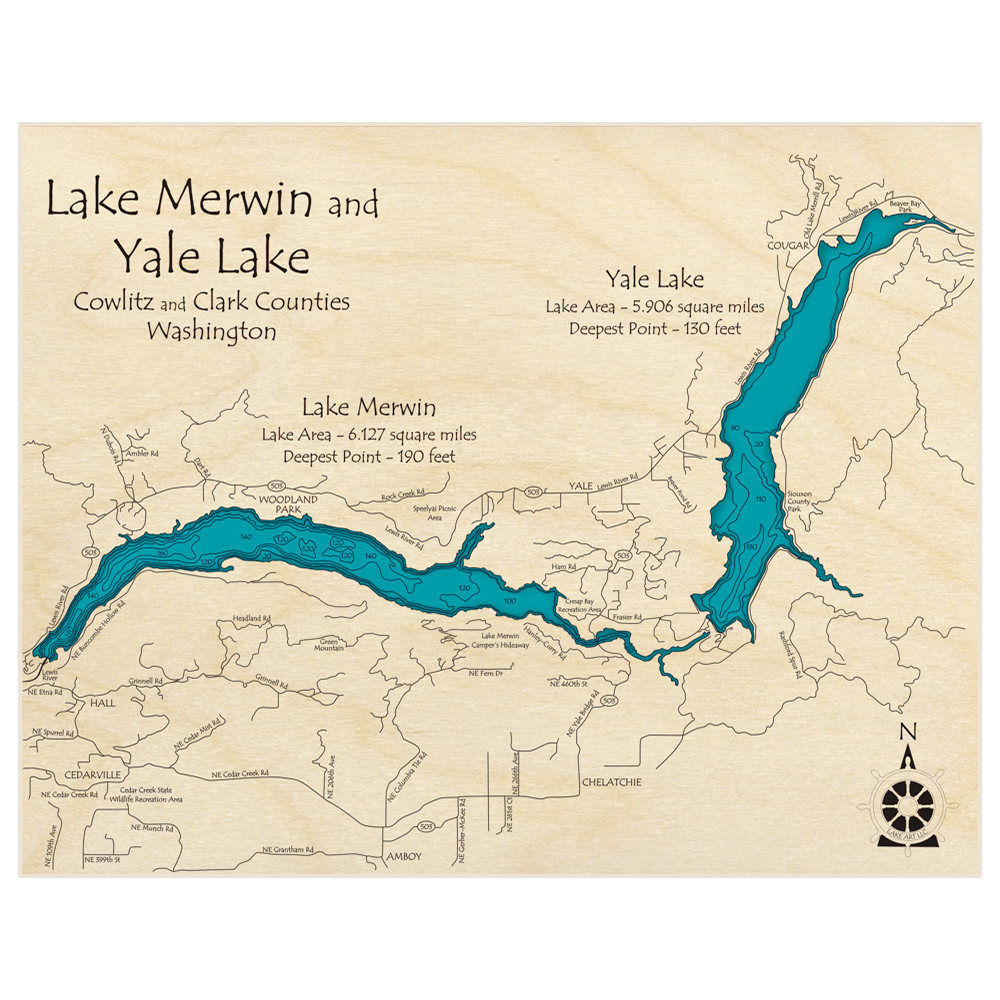 Bathymetric topo map of Lake Merwin and Yale Lake with roads, towns and depths noted in blue water