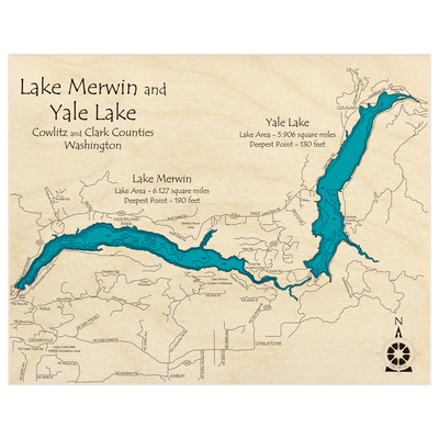 Bathymetric topo map of Lake Merwin and Yale Lake with roads, towns and depths noted in blue water