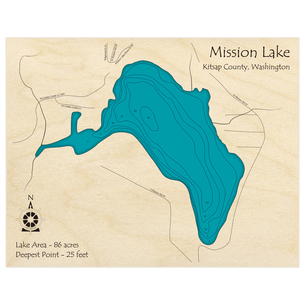 Bathymetric topo map of Mission Lake with roads, towns and depths noted in blue water